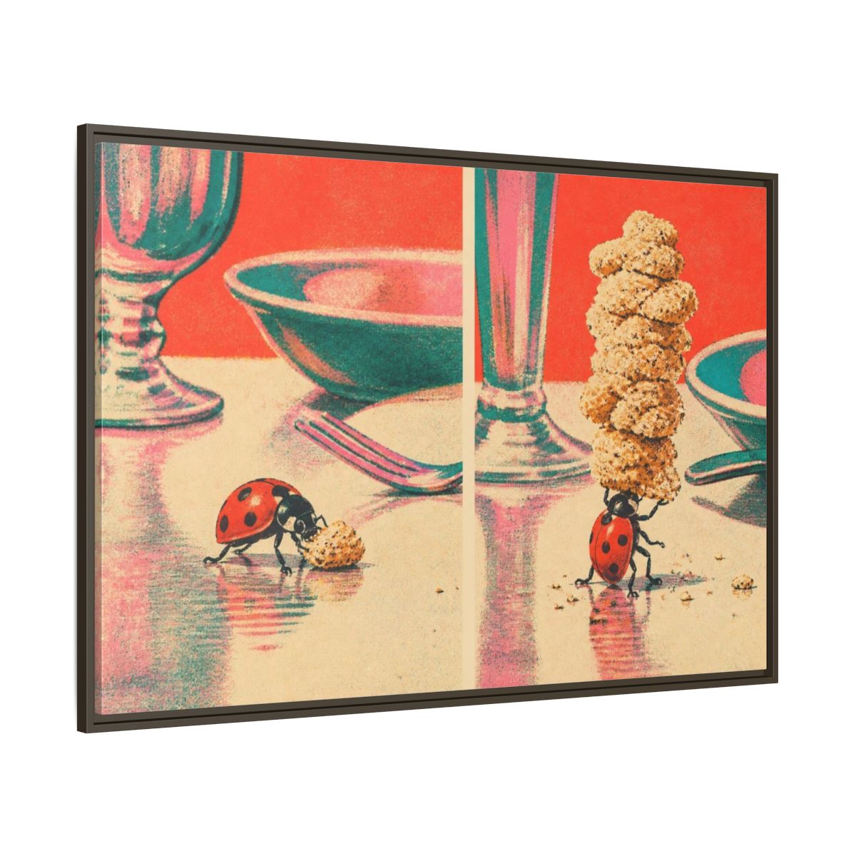 Side Mockup 8. Ladybug Carrying Crumbs shown as framed canvas print
