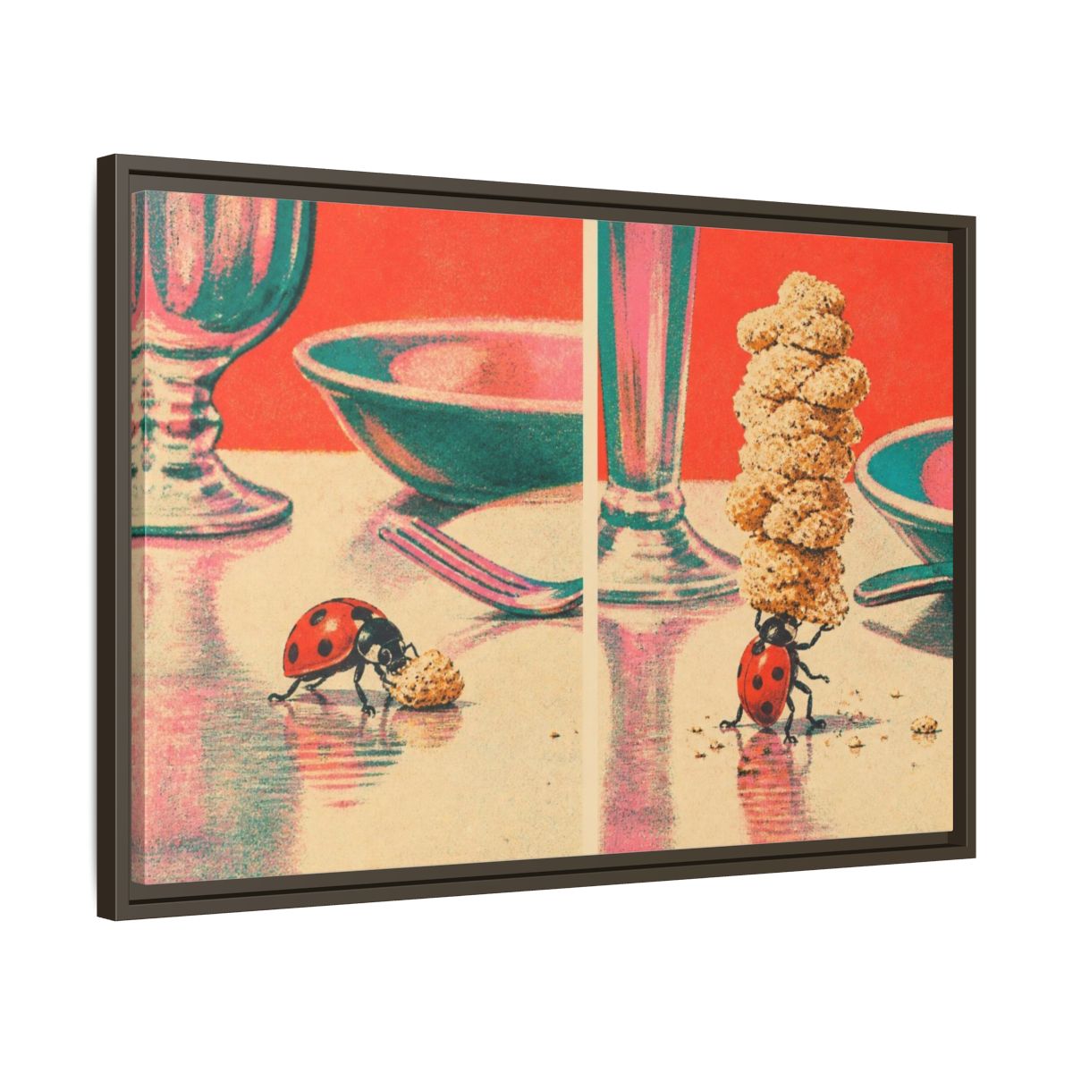 Side Mockup 11. Ladybug Carrying Crumbs shown as framed canvas print