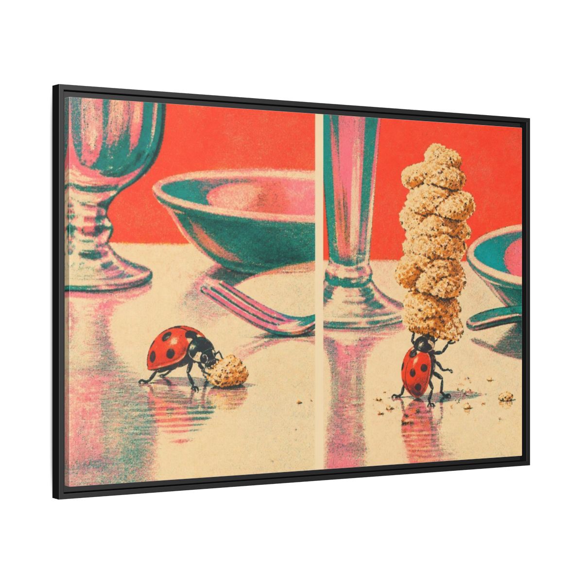 Side Mockup 12. Ladybug Carrying Crumbs shown as framed canvas print