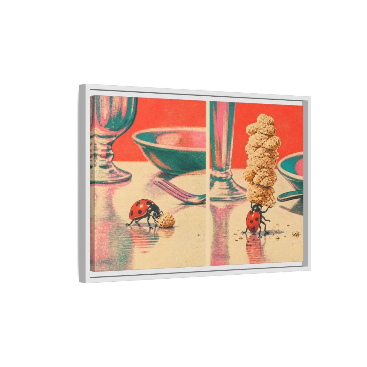 Side Mockup 1. Ladybug Carrying Crumbs shown as framed canvas print