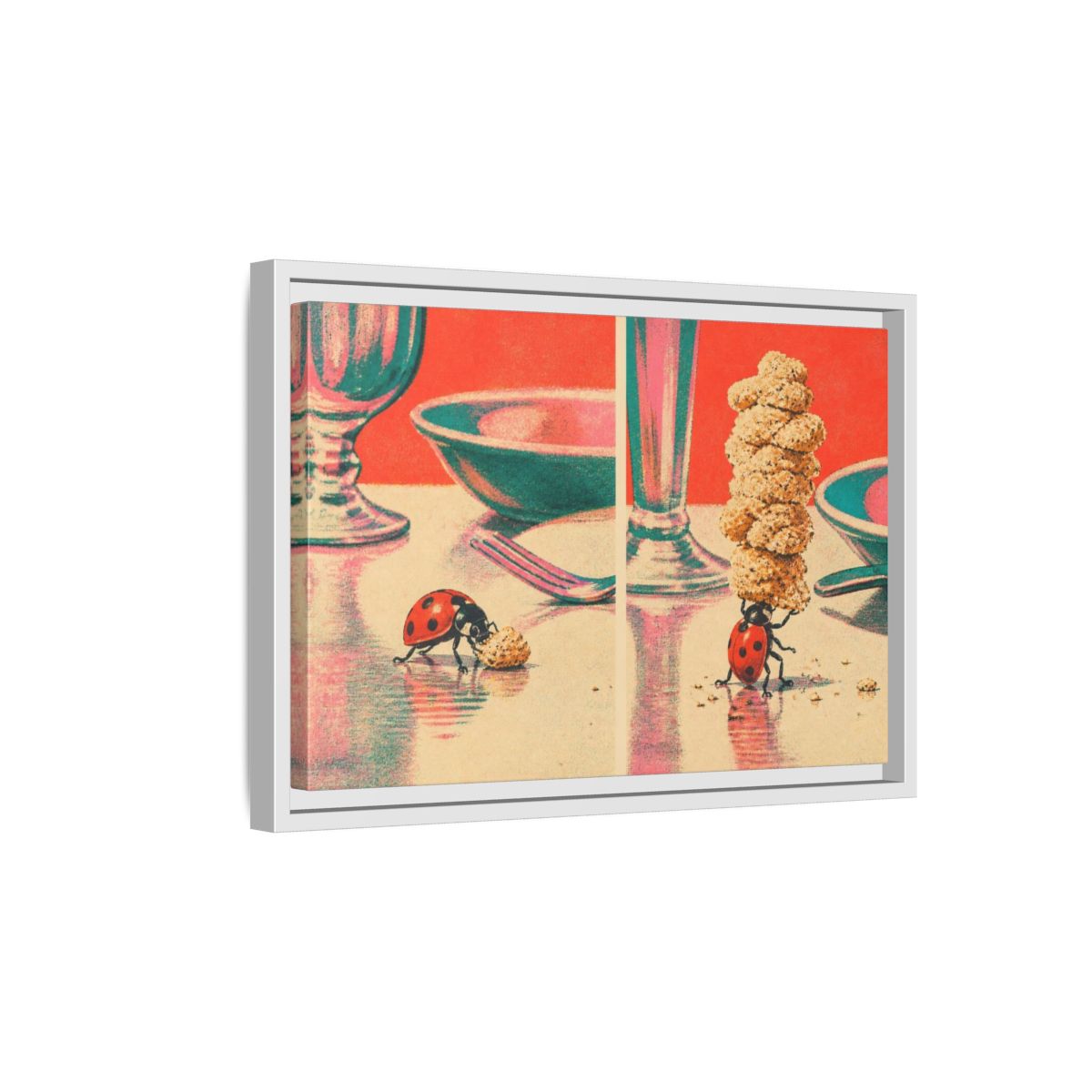 Side Mockup 4. Ladybug Carrying Crumbs shown as framed canvas print