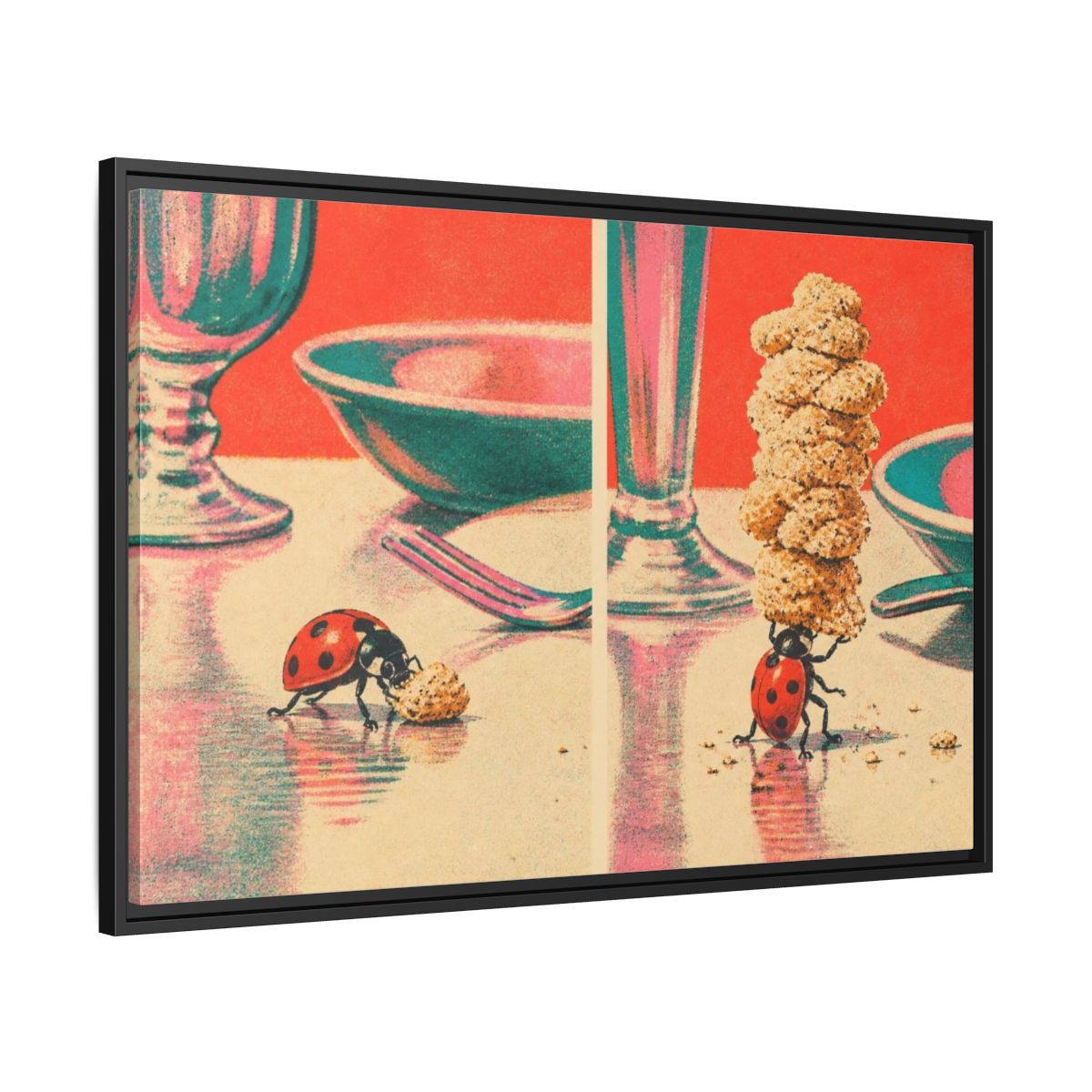 Side Mockup 13. Ladybug Carrying Crumbs shown as framed canvas print