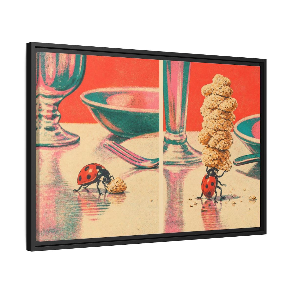 Side Mockup 14. Ladybug Carrying Crumbs shown as framed canvas print