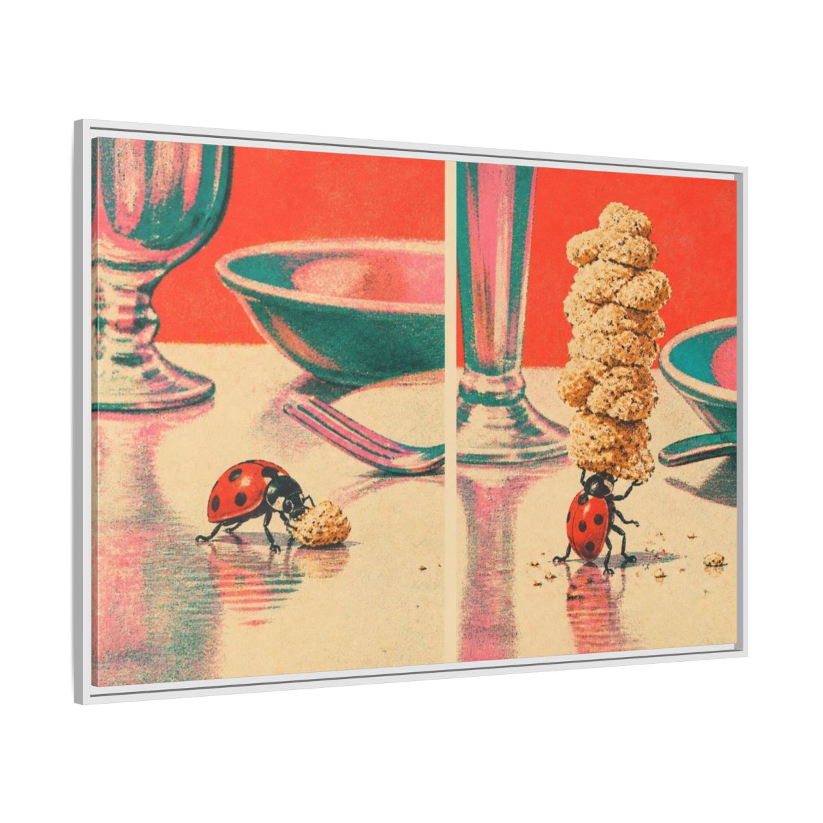 Side Mockup 7. Ladybug Carrying Crumbs shown as framed canvas print