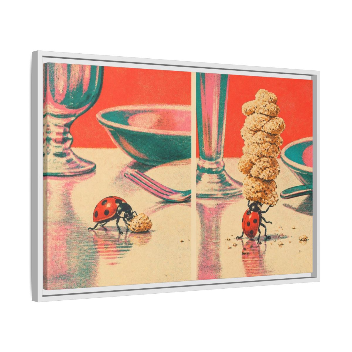 Side Mockup 10. Ladybug Carrying Crumbs shown as framed canvas print