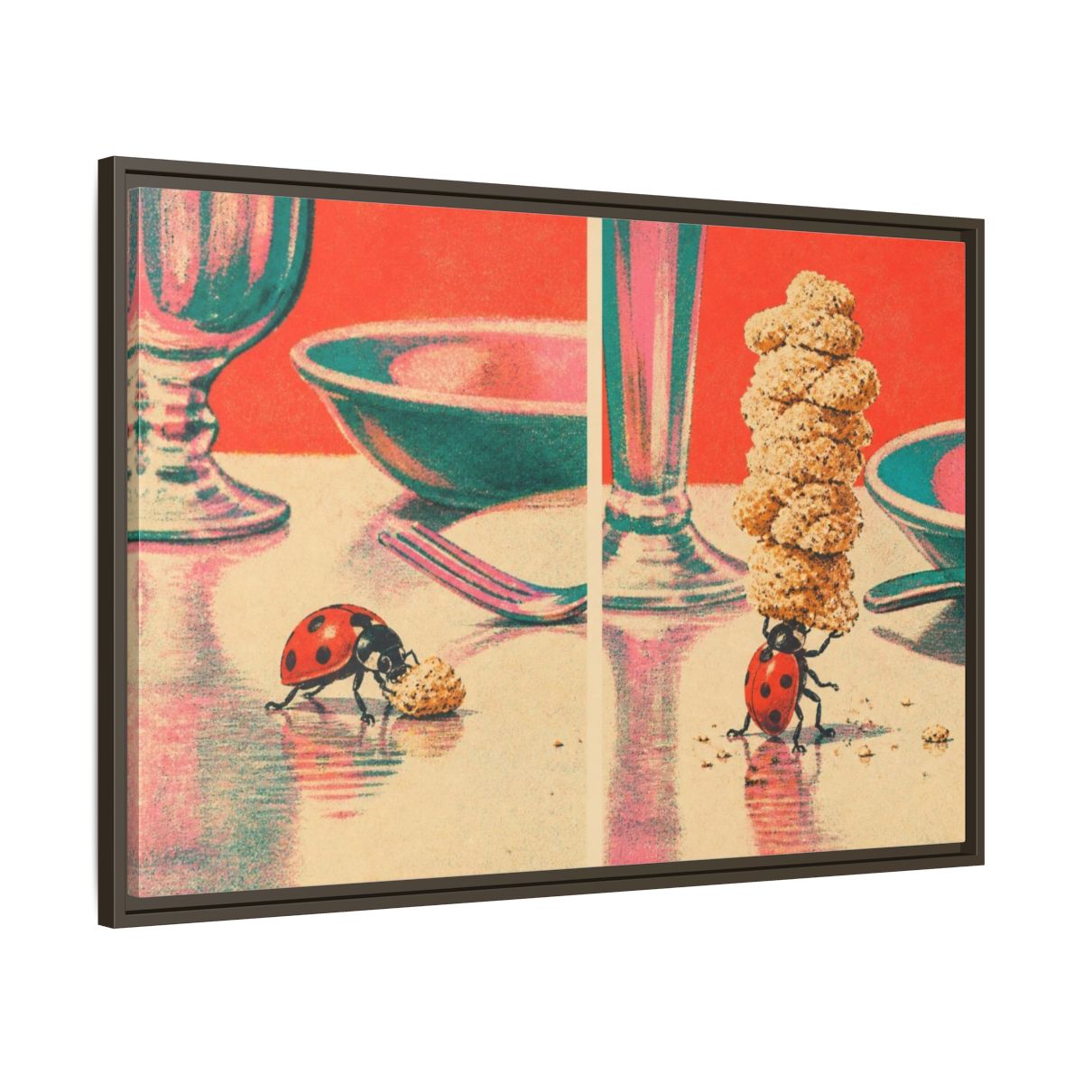 Main Mockup. Ladybug Carrying Crumbs shown as framed canvas print