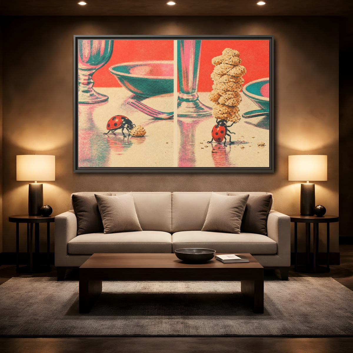 Mockup 2. Ladybug Carrying Crumbs shown as framed canvas print