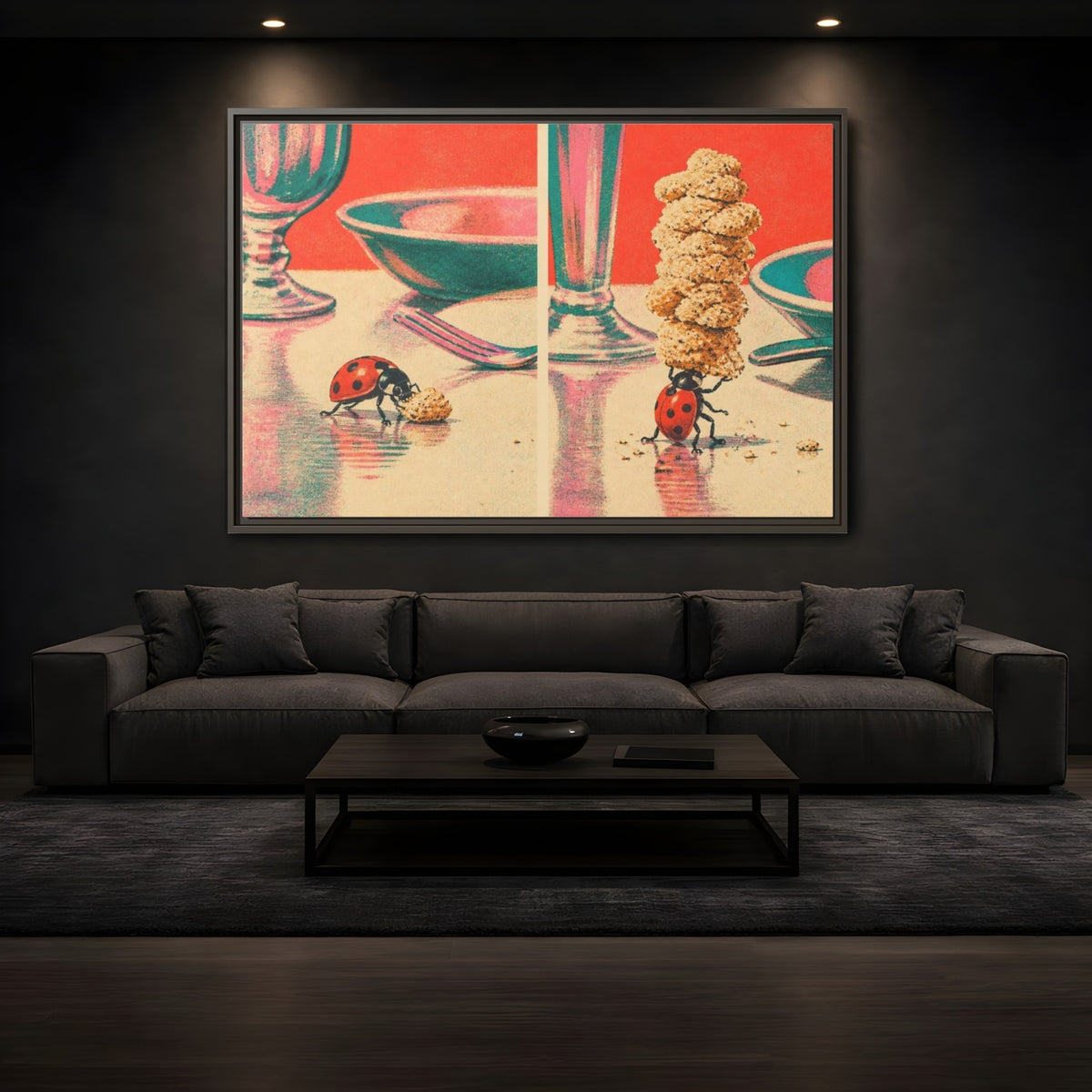 Mockup 3. Ladybug Carrying Crumbs shown as framed canvas print