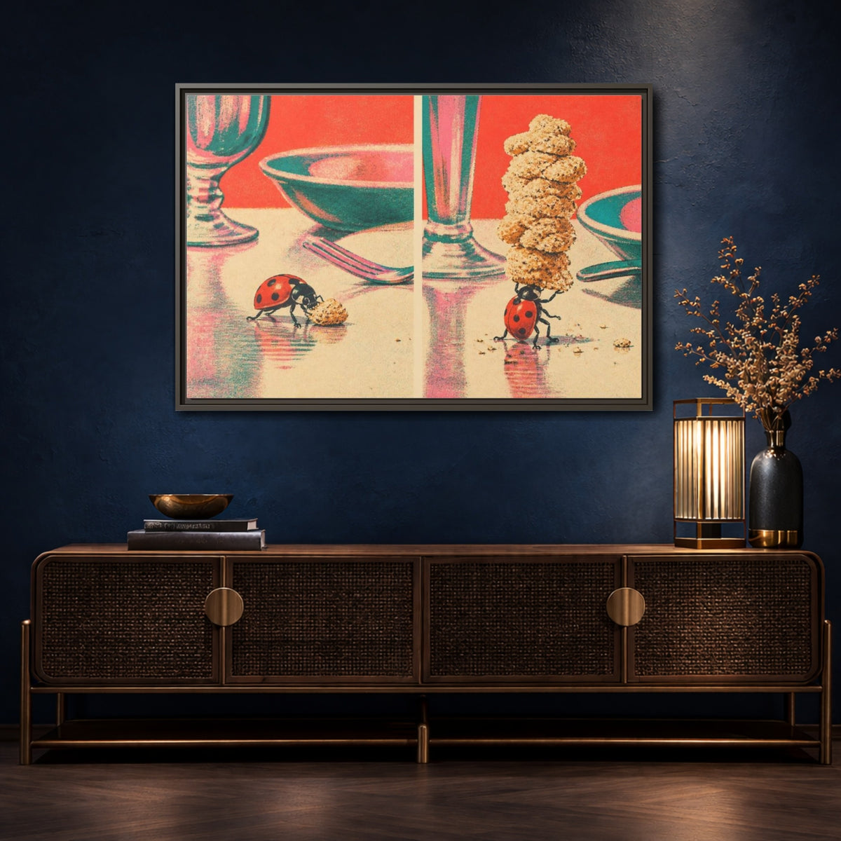 Mockup 4. Ladybug Carrying Crumbs shown as framed canvas print