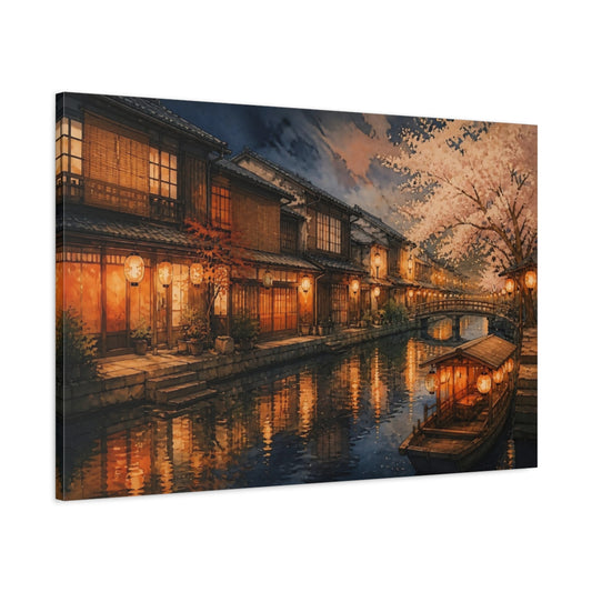 Main Mockup. Lantern-Lit Canal Evening shown as canvas print