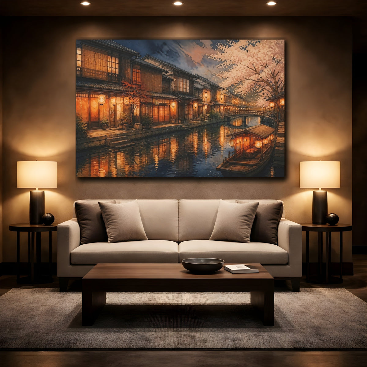 Mockup 2. Lantern-Lit Canal Evening shown as canvas print