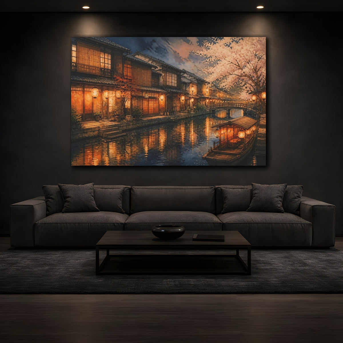 Mockup 3. Lantern-Lit Canal Evening shown as canvas print