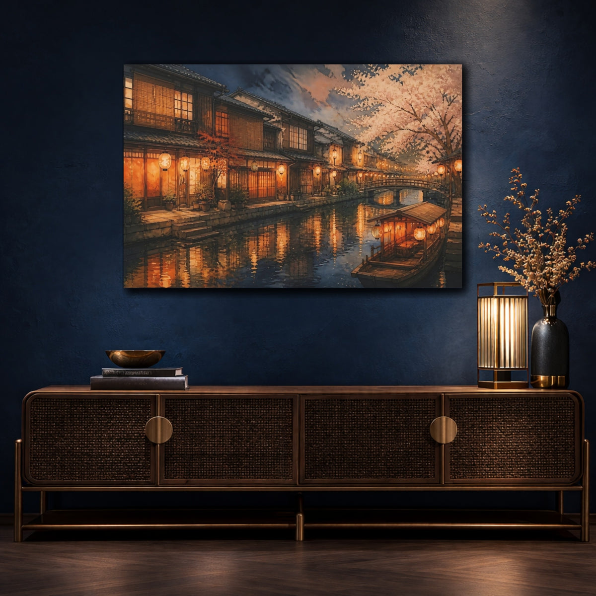 Mockup 4. Lantern-Lit Canal Evening shown as canvas print