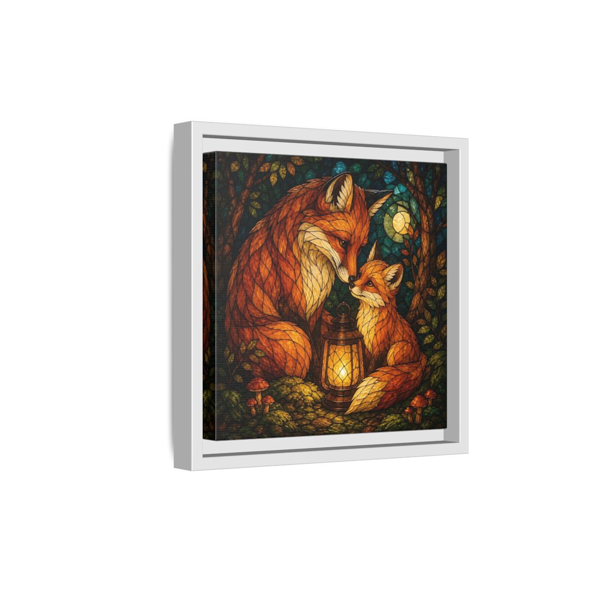 Side Mockup 19. Lantern-Lit Fox Pair shown as framed canvas print