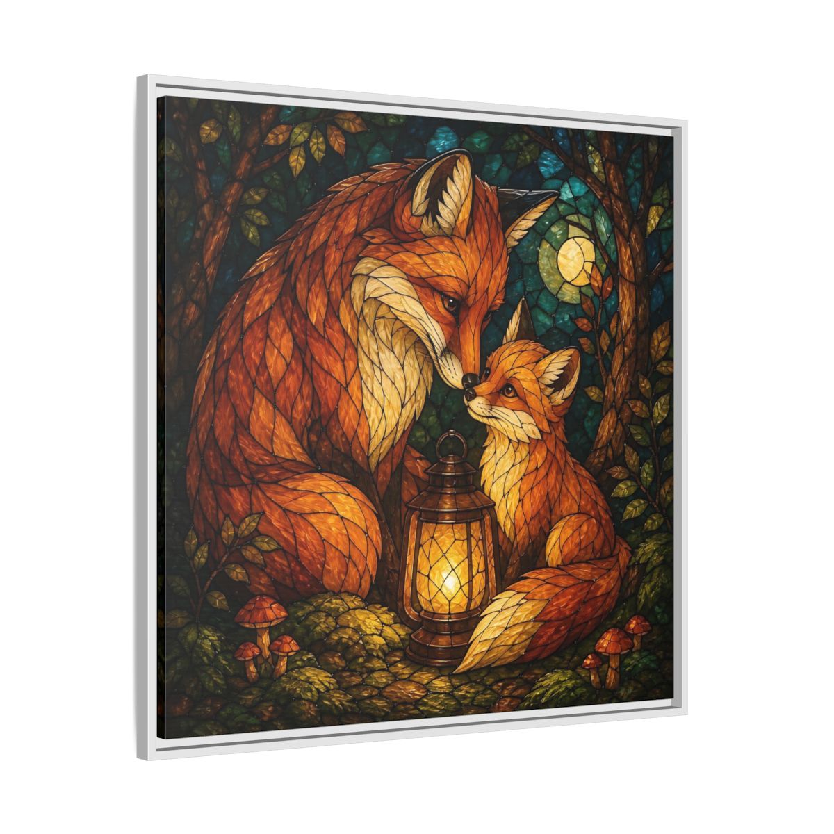 Side Mockup 25. Lantern-Lit Fox Pair shown as framed canvas print