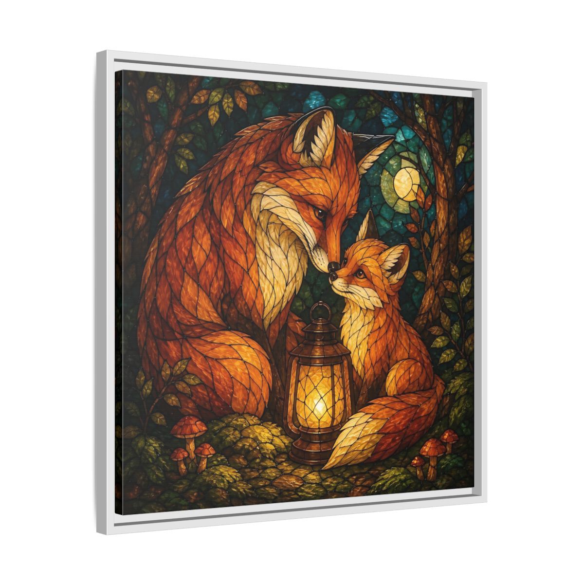 Side Mockup 26. Lantern-Lit Fox Pair shown as framed canvas print