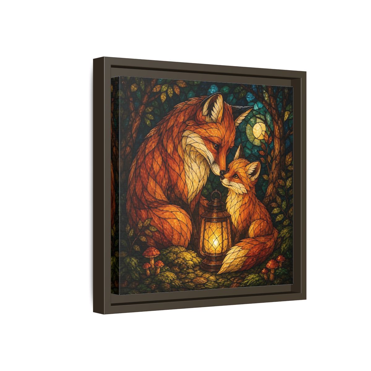 Side Mockup 17. Lantern-Lit Fox Pair shown as framed canvas print