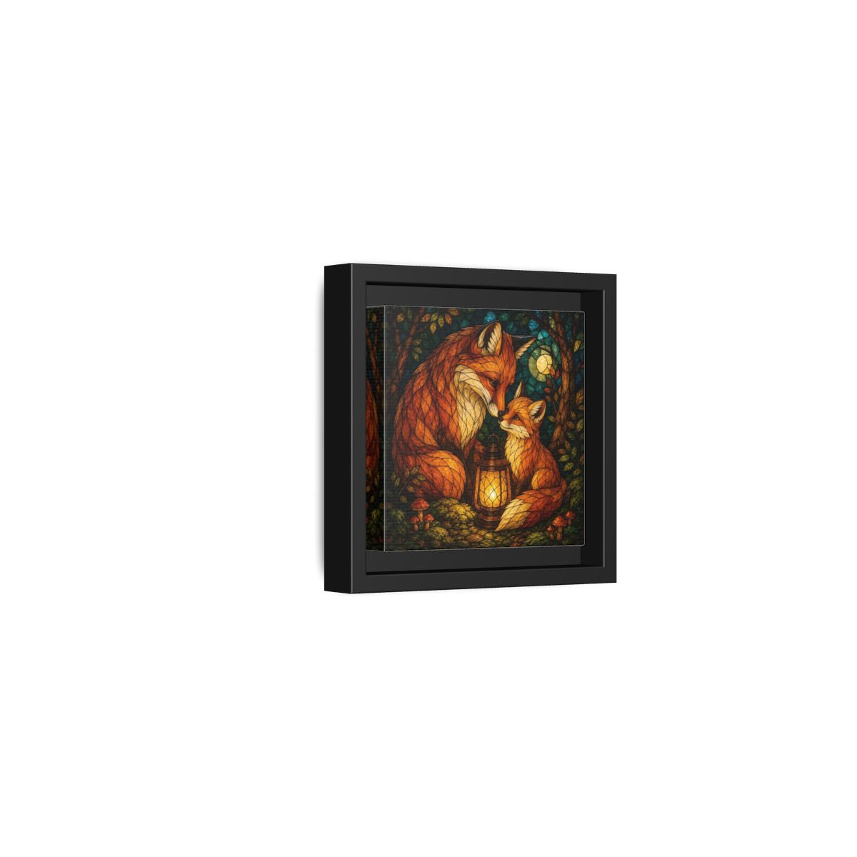 Side Mockup 24. Lantern-Lit Fox Pair shown as framed canvas print