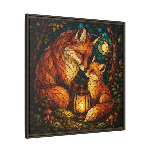 Main Mockup. Lantern-Lit Fox Pair shown as framed canvas print