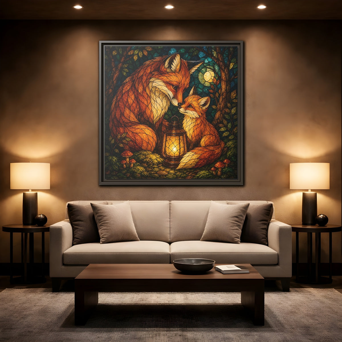 Mockup 2. Lantern-Lit Fox Pair shown as framed canvas print