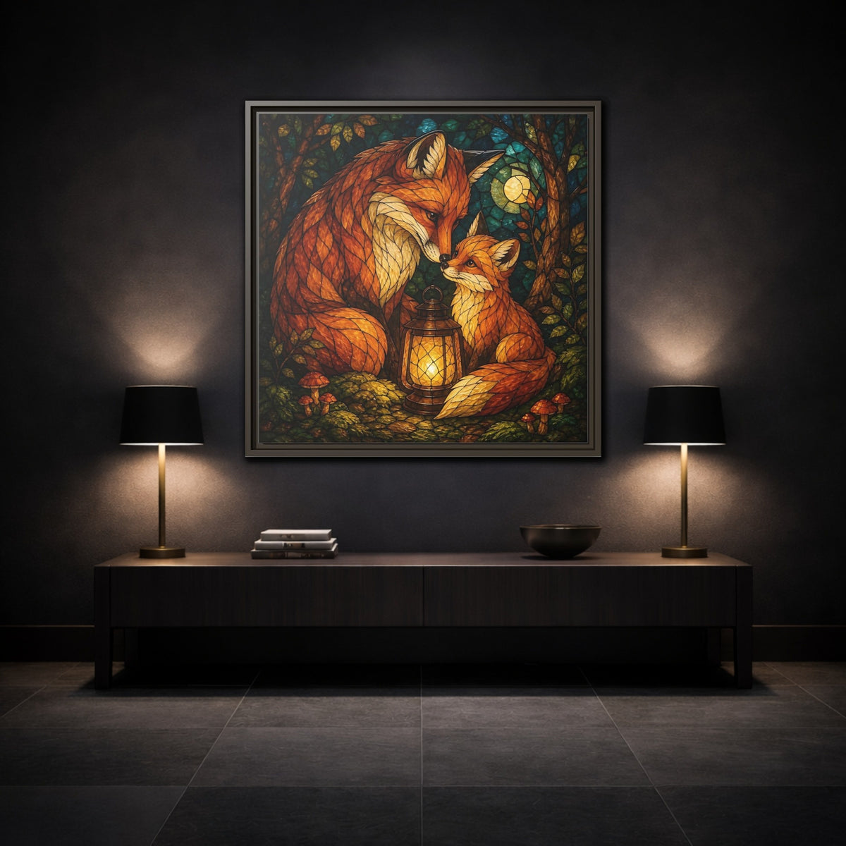 Mockup 3. Lantern-Lit Fox Pair shown as framed canvas print