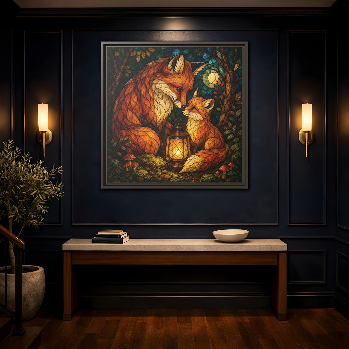 Mockup 4. Lantern-Lit Fox Pair shown as framed canvas print