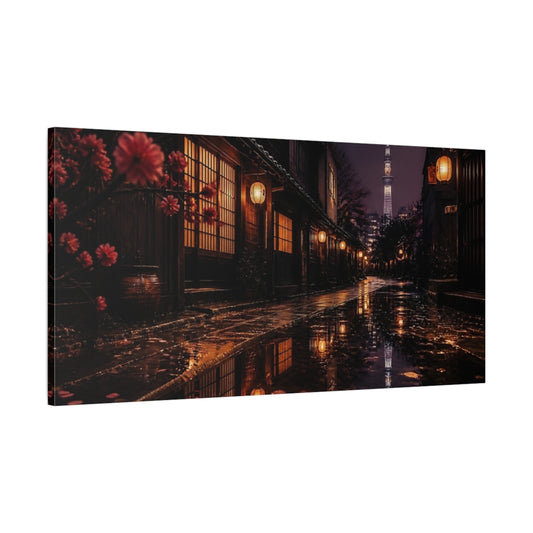 Main Mockup. Lantern-Lit Street Scene shown as canvas print