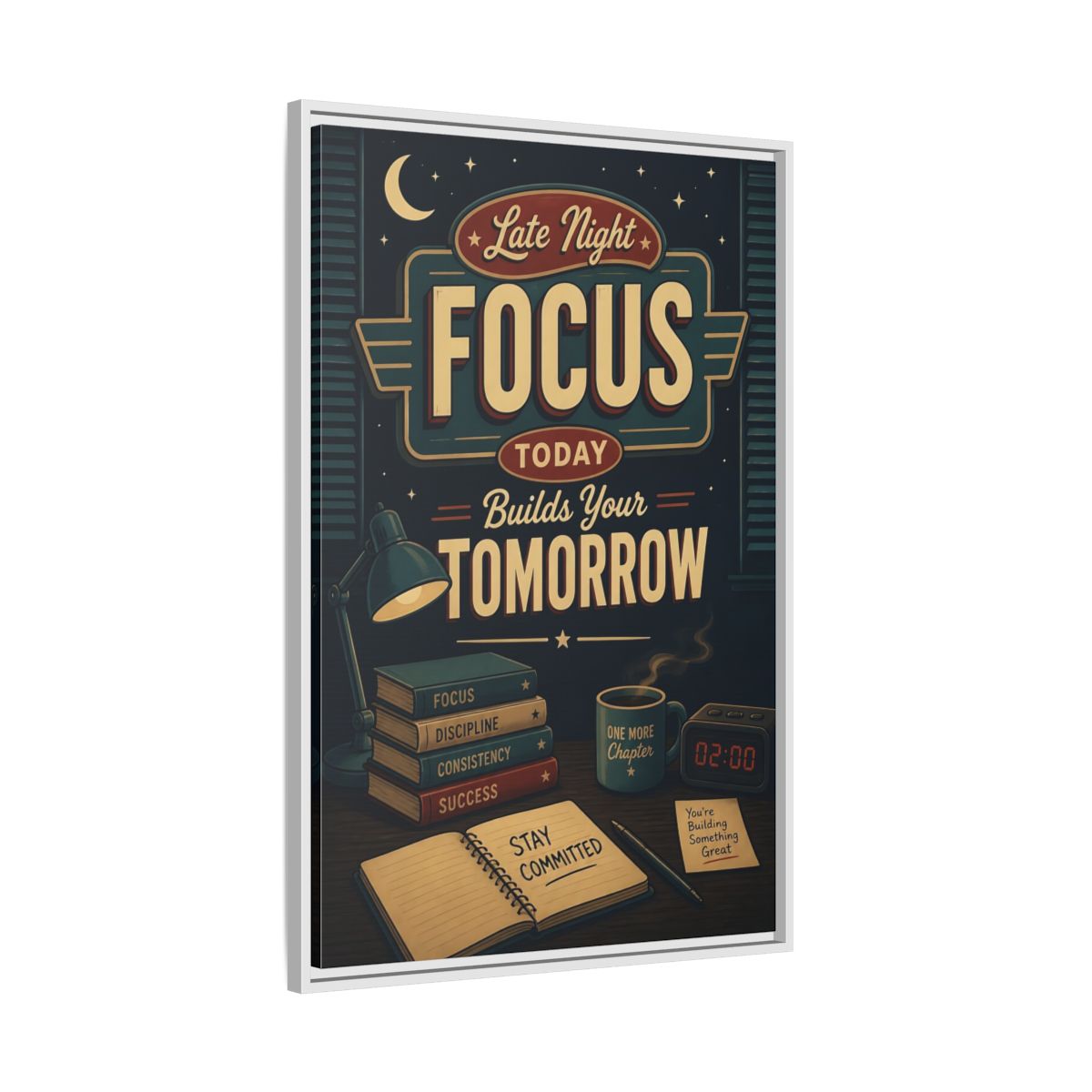 Side Mockup 9. Late Night Focus Quote shown as framed canvas print