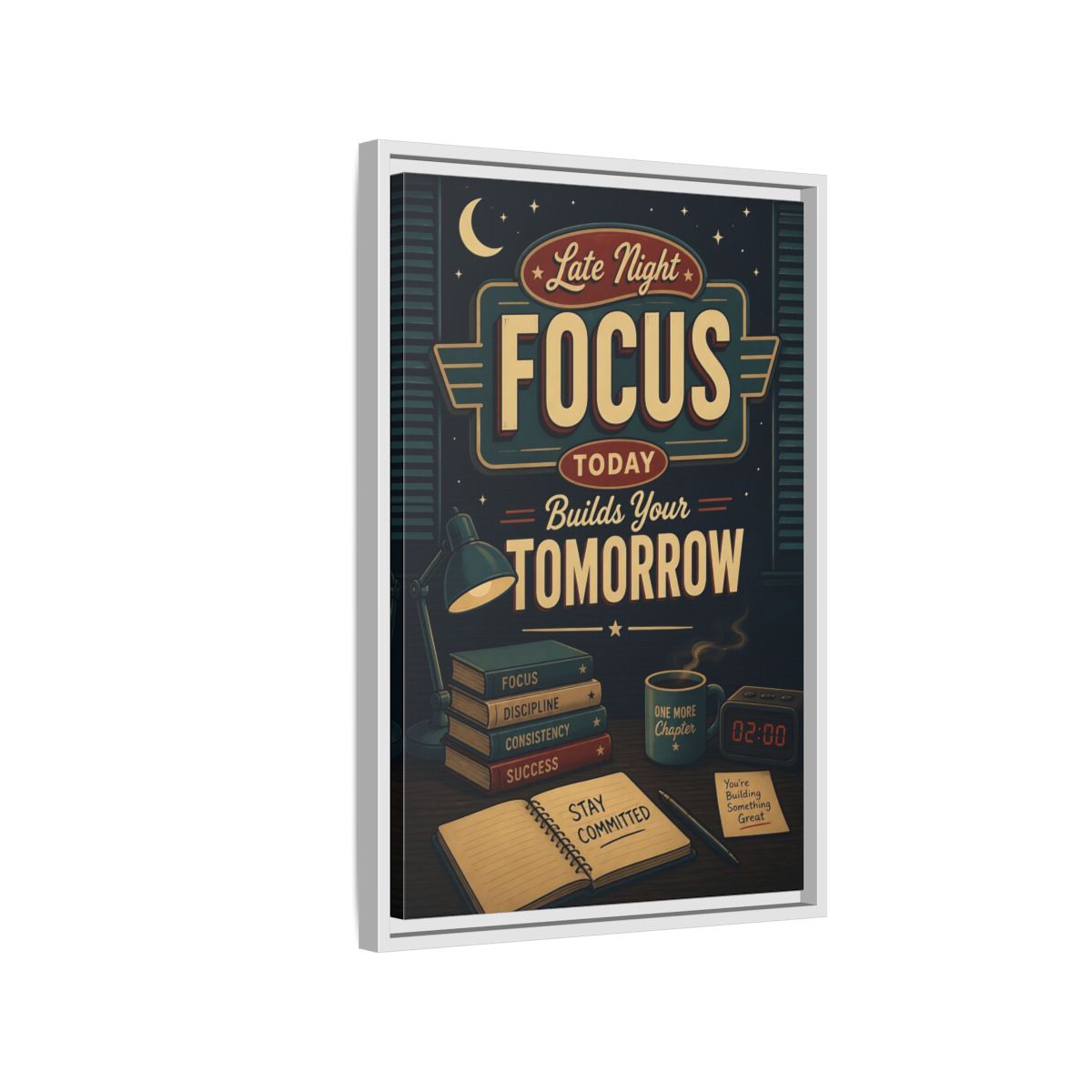 Side Mockup 1. Late Night Focus Quote shown as framed canvas print