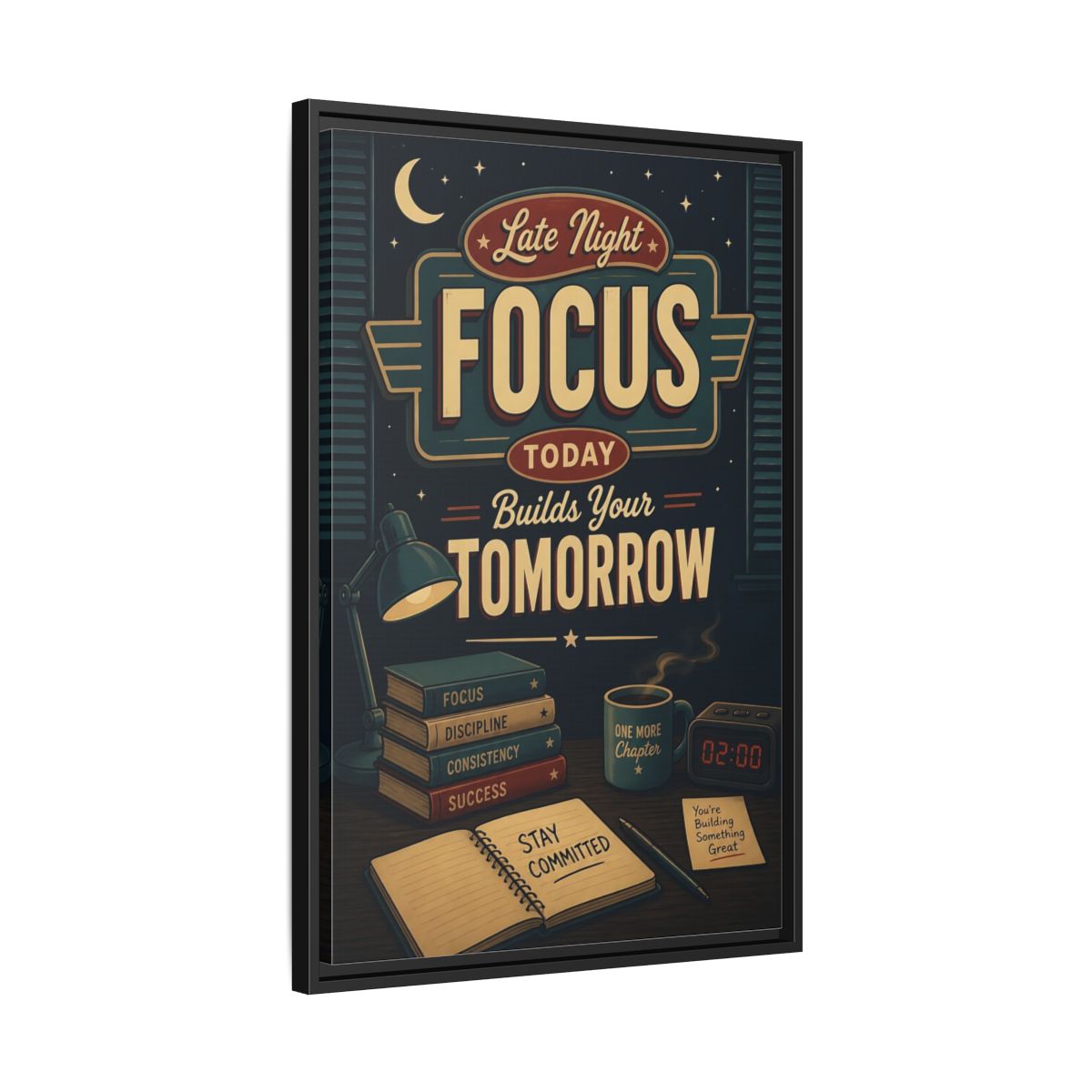 Side Mockup 14. Late Night Focus Quote shown as framed canvas print