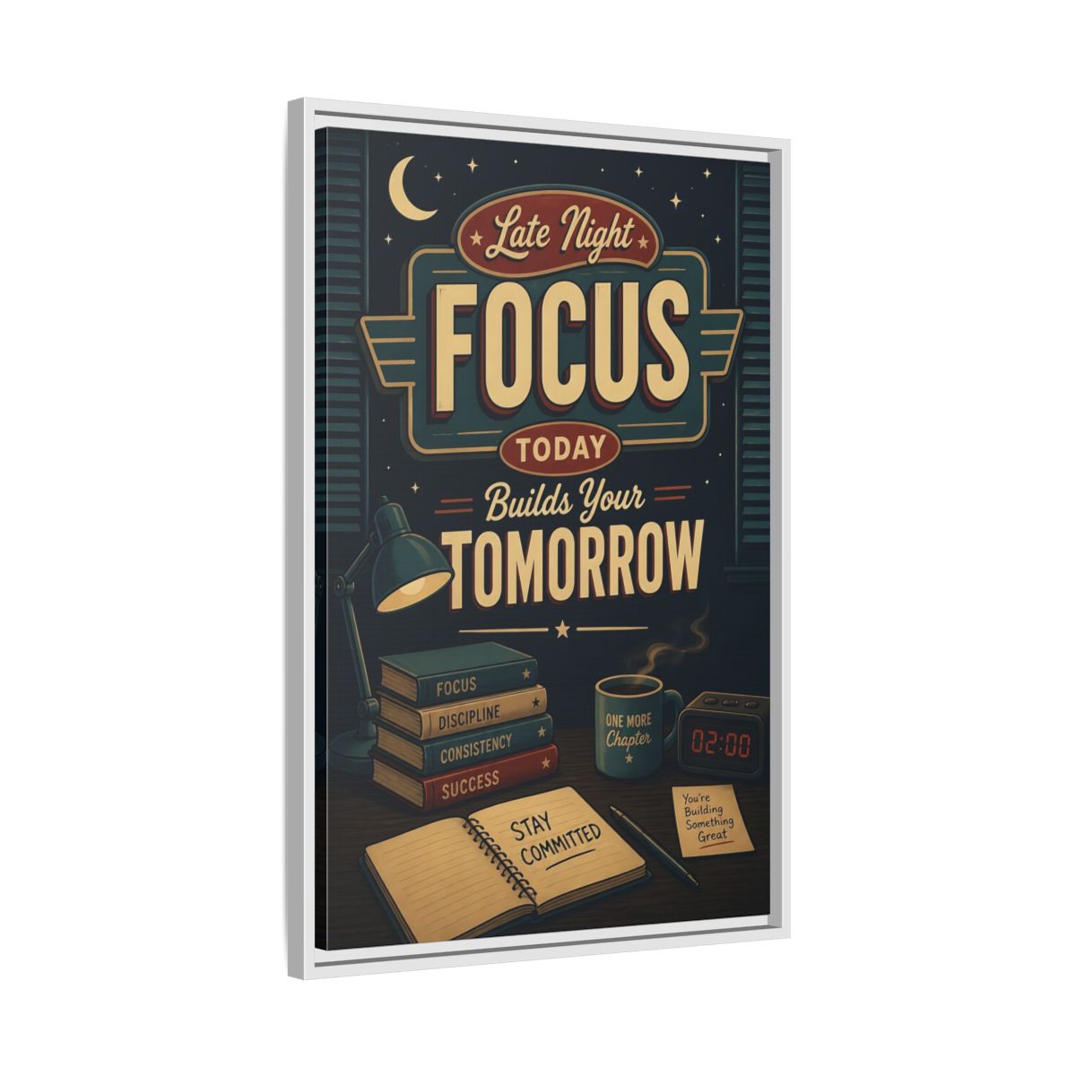 Side Mockup 10. Late Night Focus Quote shown as framed canvas print