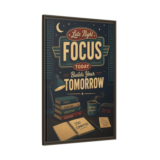 Main Mockup. Late Night Focus Quote shown as framed canvas print
