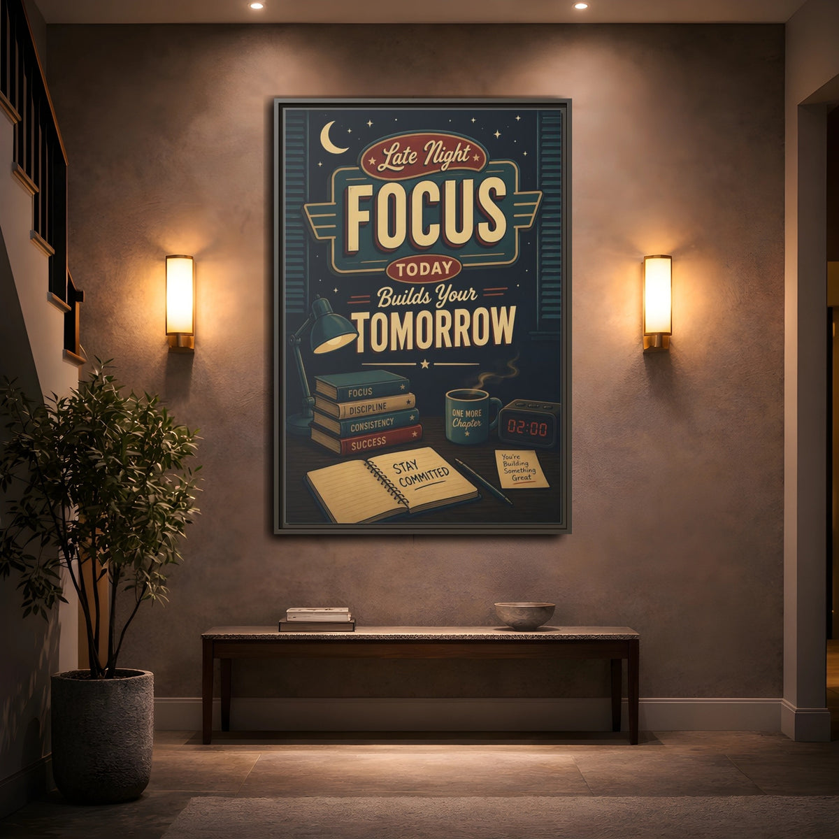 Mockup 2. Late Night Focus Quote shown as framed canvas print