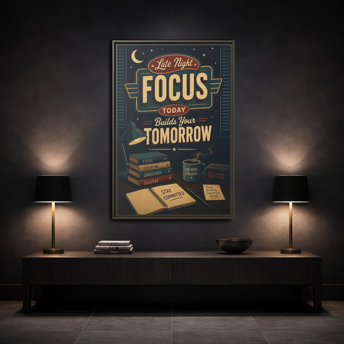 Mockup 3. Late Night Focus Quote shown as framed canvas print