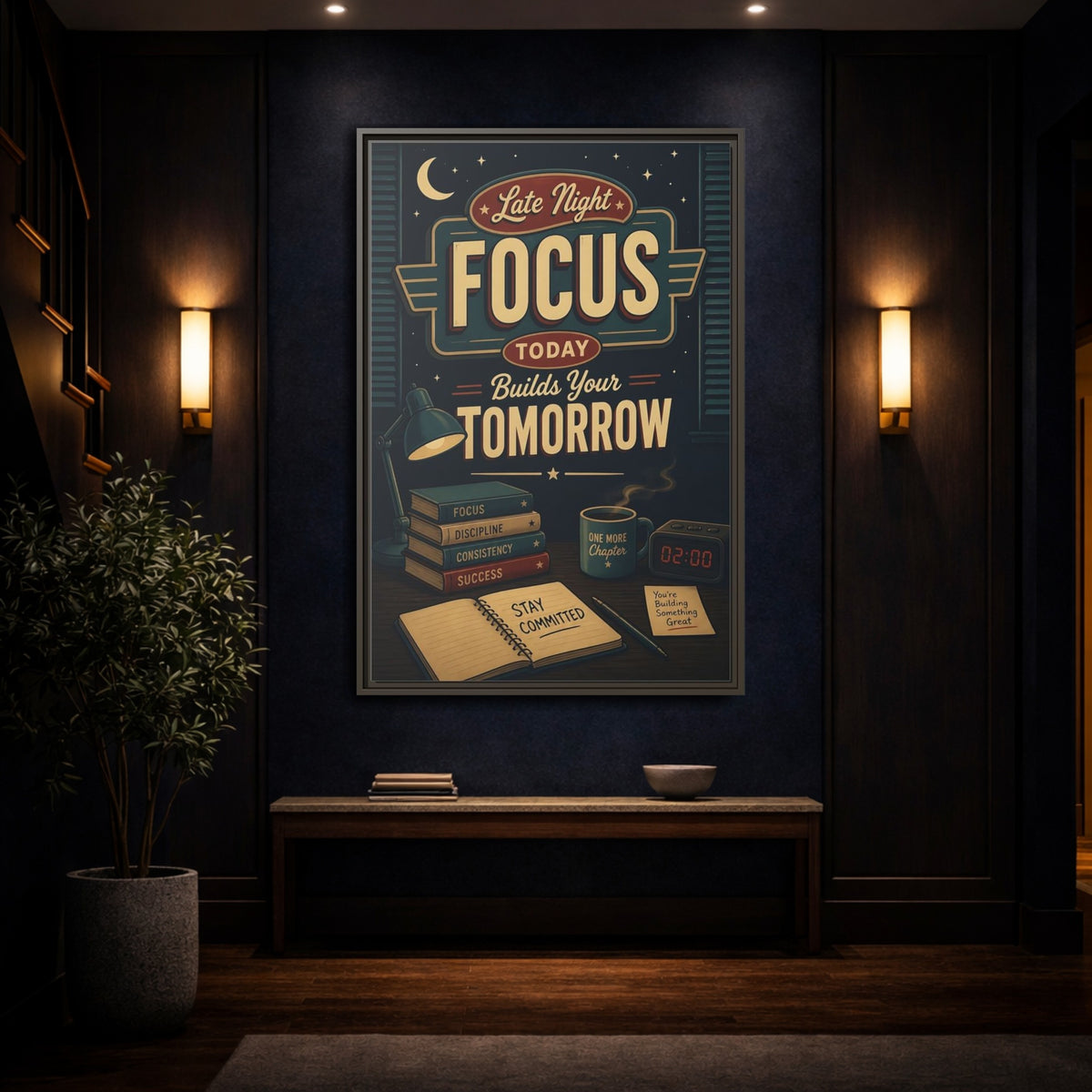 Mockup 4. Late Night Focus Quote shown as framed canvas print