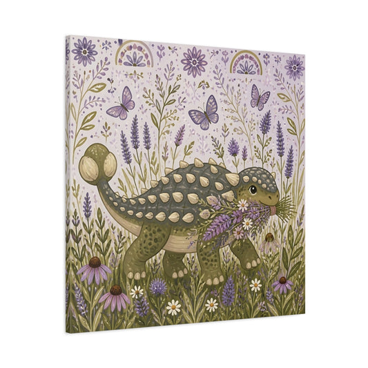 Main Mockup. Lavender Ankylosaurus Stroll shown as canvas print
