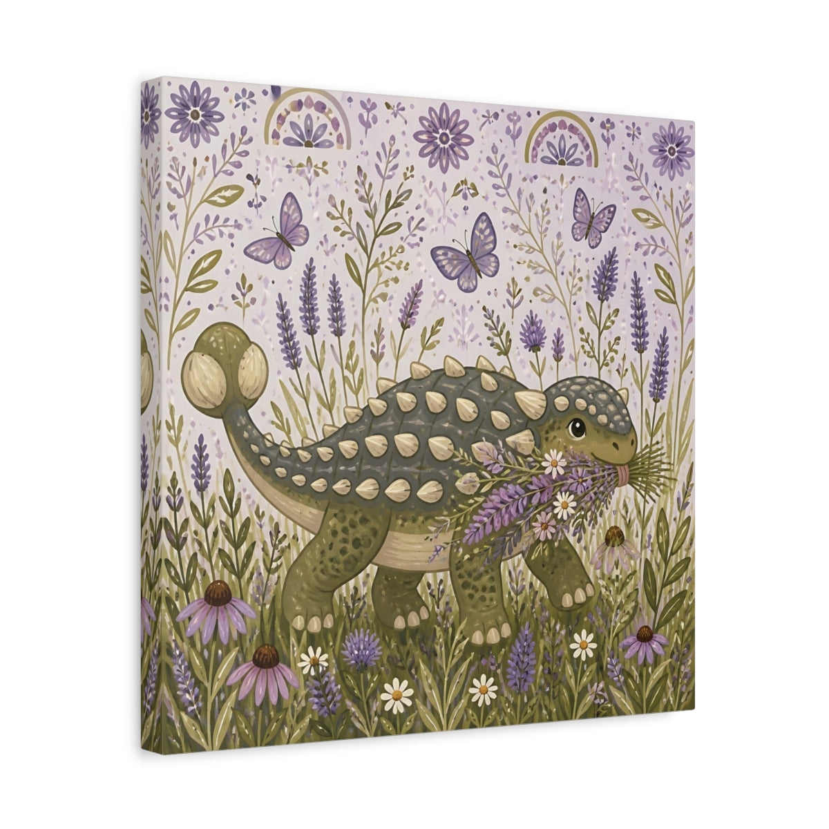 Side Mockup 6. Lavender Ankylosaurus Stroll shown as canvas print