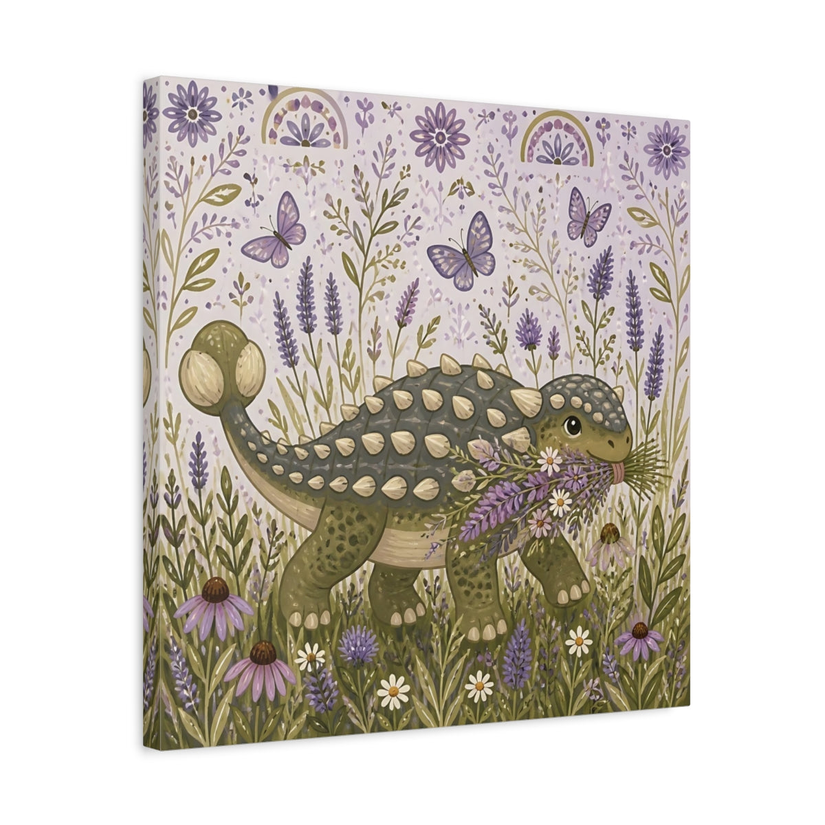 Side Mockup 5. Lavender Ankylosaurus Stroll shown as canvas print
