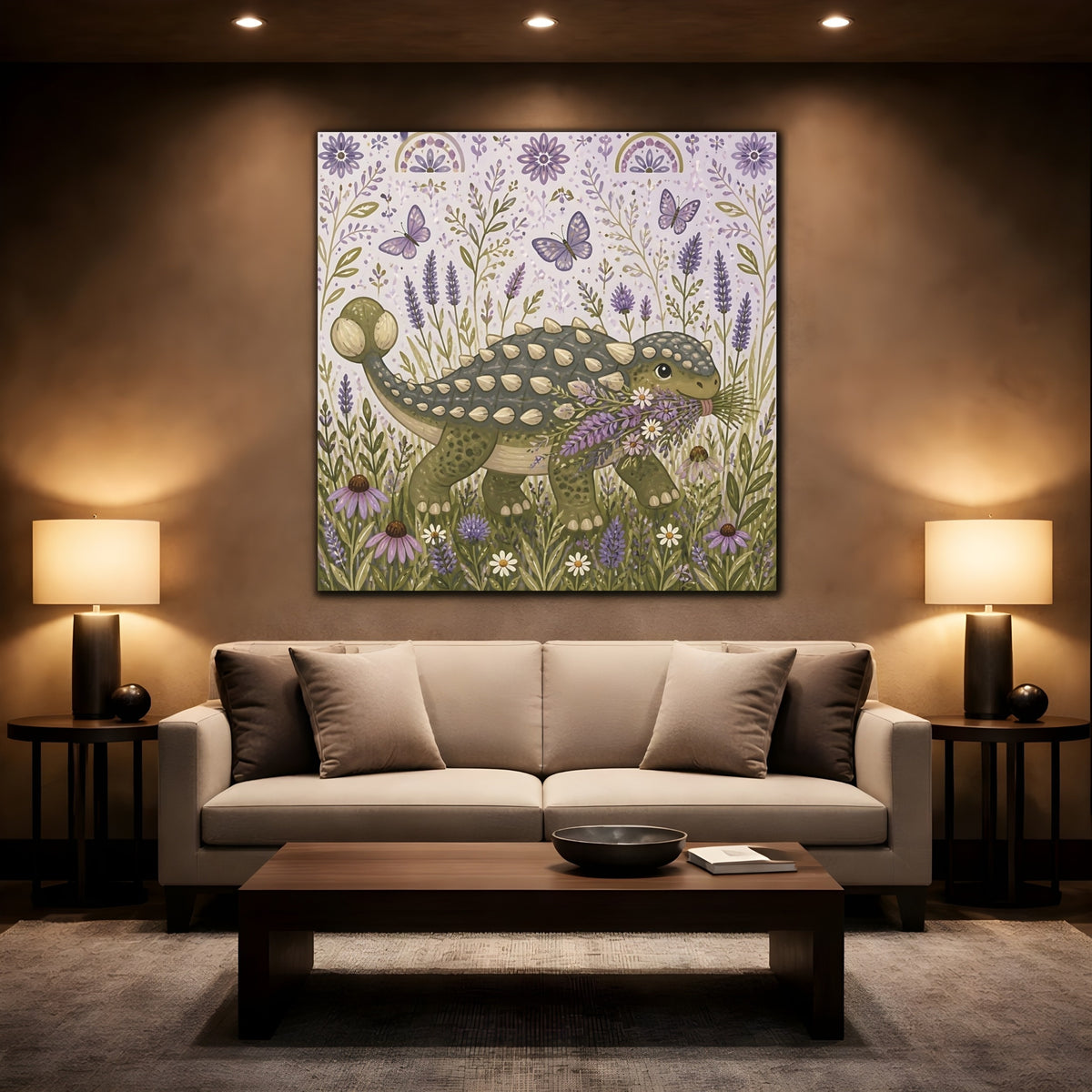 Mockup 2. Lavender Ankylosaurus Stroll shown as canvas print