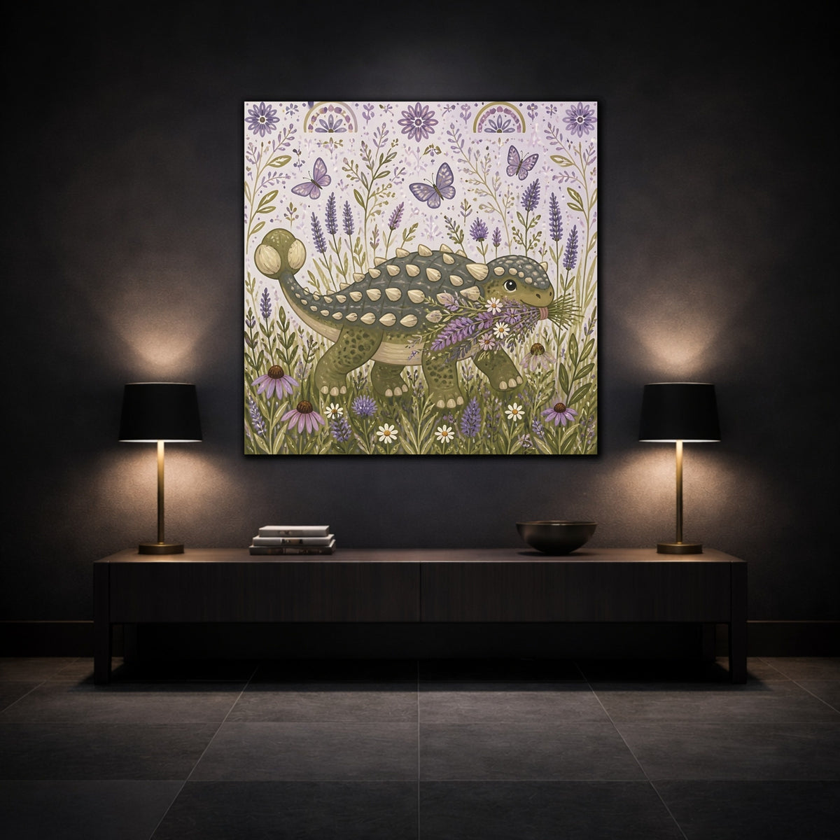 Mockup 3. Lavender Ankylosaurus Stroll shown as canvas print