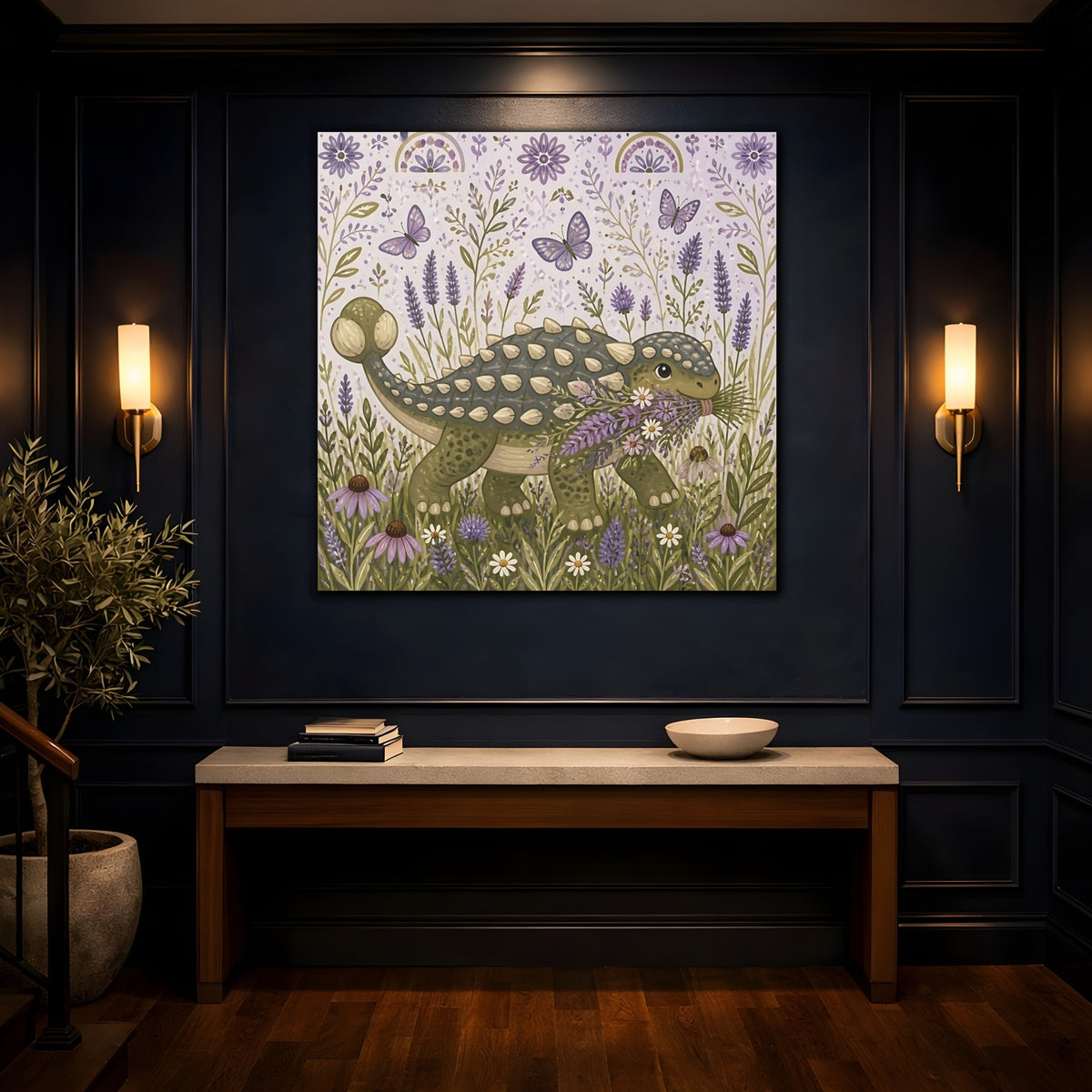 Mockup 4. Lavender Ankylosaurus Stroll shown as canvas print