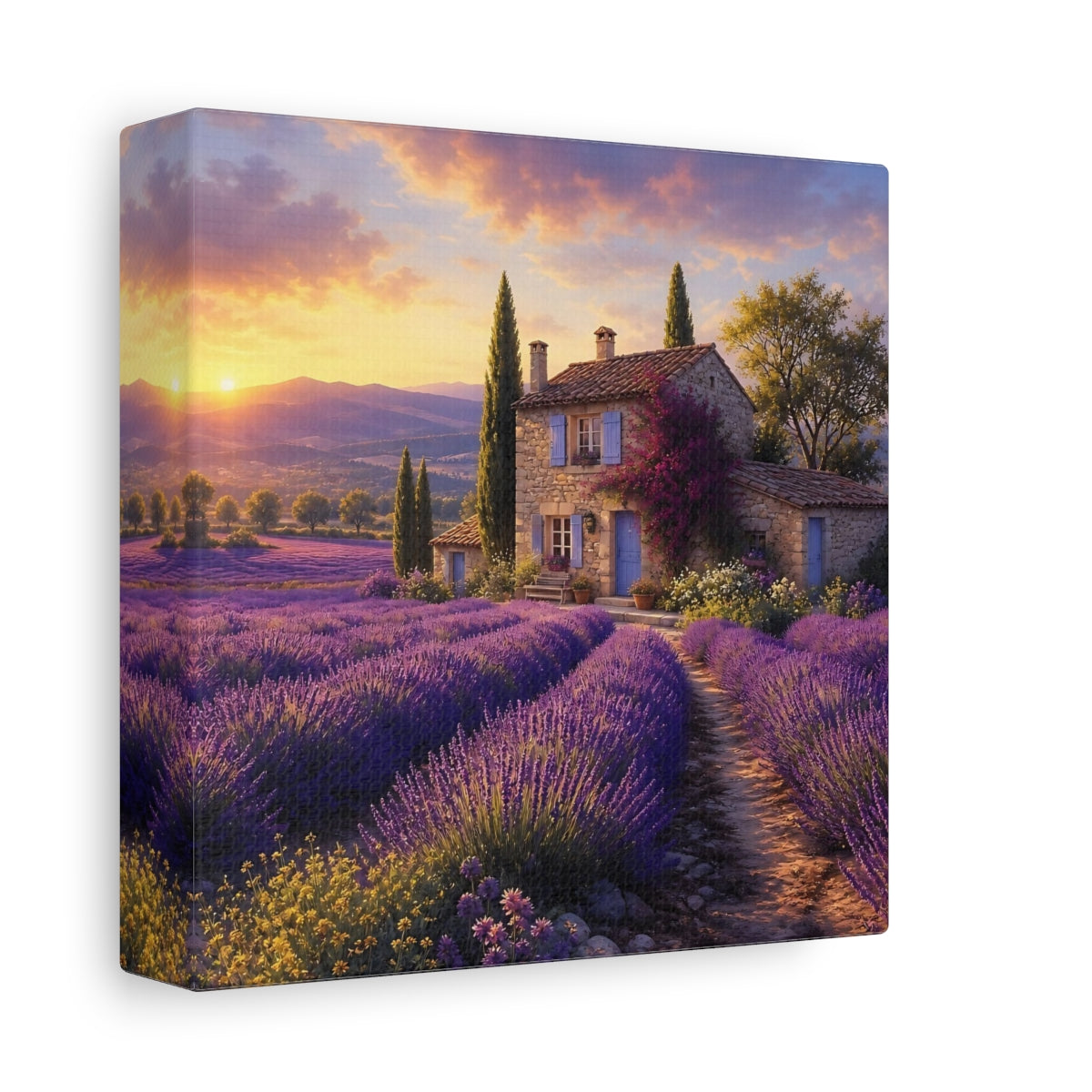 Side Mockup 2. Lavender Cottage At Sunset shown as canvas print