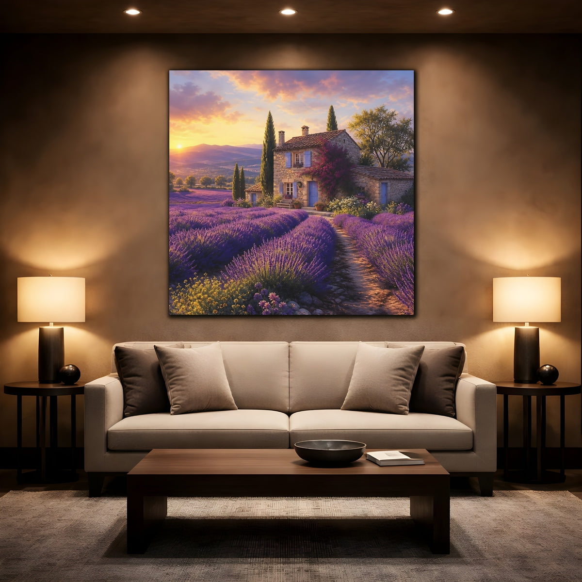Mockup 2. Lavender Cottage At Sunset shown as canvas print