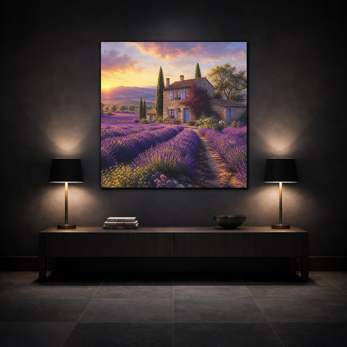Mockup 3. Lavender Cottage At Sunset shown as canvas print