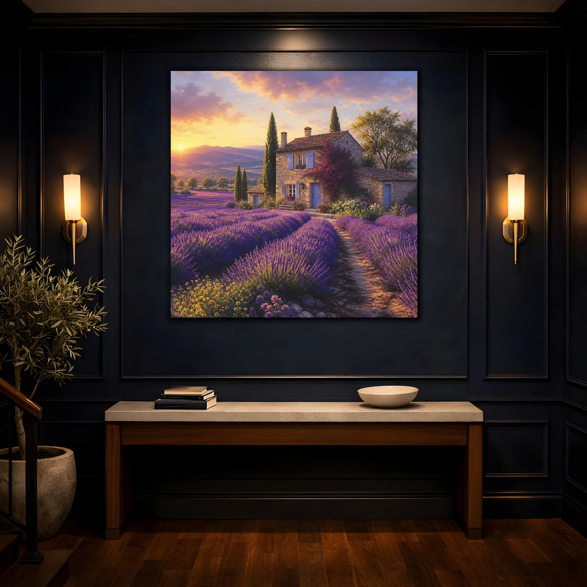Mockup 4. Lavender Cottage At Sunset shown as canvas print