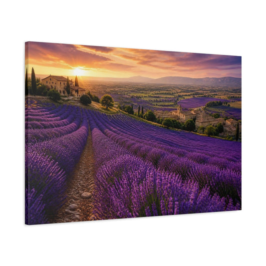 Main Mockup. Lavender Fields At Sunset shown as canvas print