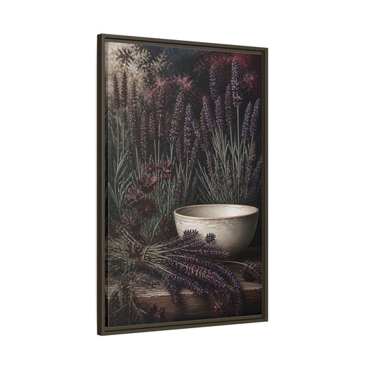 Main Mockup. Lavender Flowers & Ceramic Bowl shown as framed canvas print