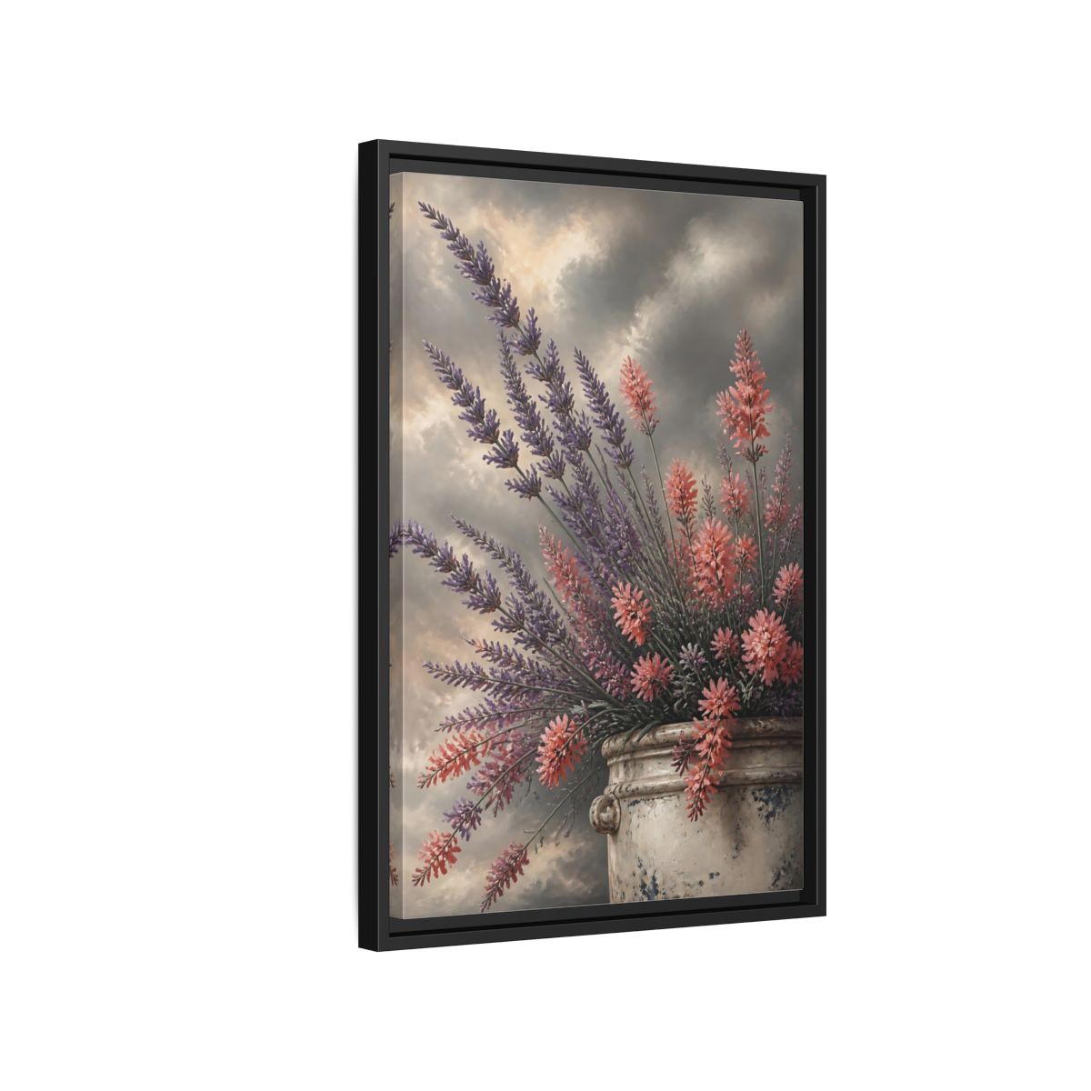 Side Mockup 3. Lavender Flowers In Crock shown as framed canvas print
