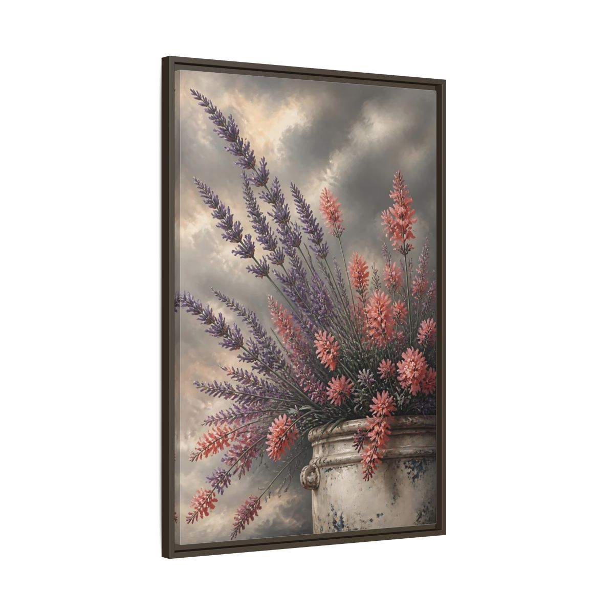 Main Mockup. Lavender Flowers In Crock shown as framed canvas print
