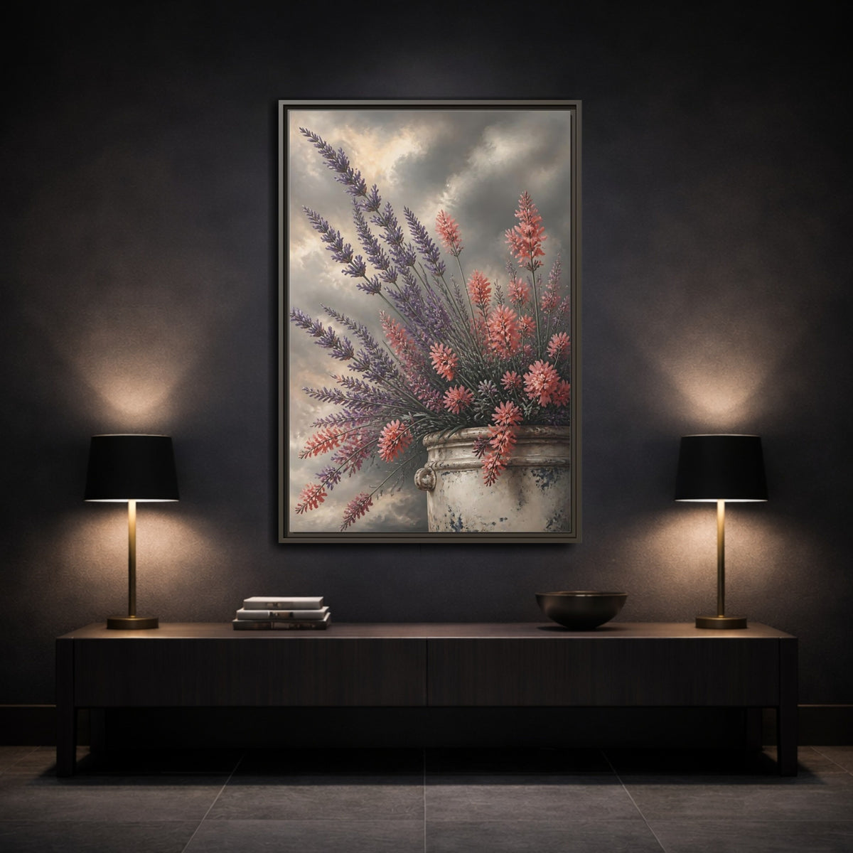 Mockup 3. Lavender Flowers In Crock shown as framed canvas print